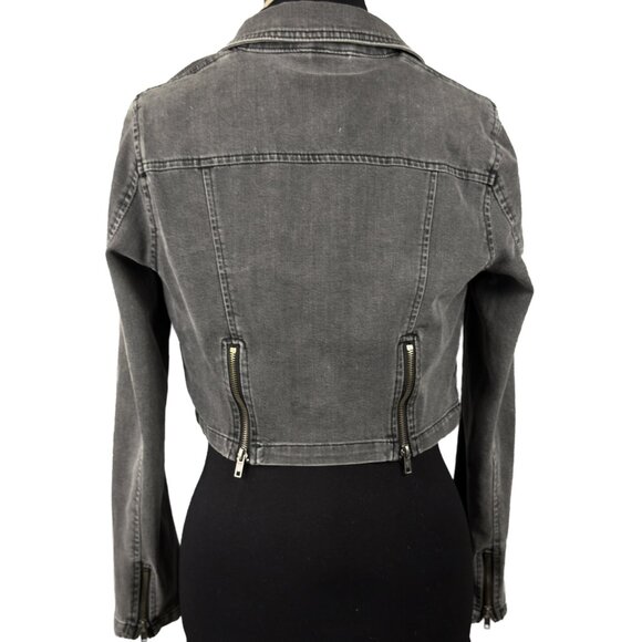 FREE PEOPLE James Dean Moto Cropped Denim Jacket Moto Zip Gray Women's M - Picture 2 of 10